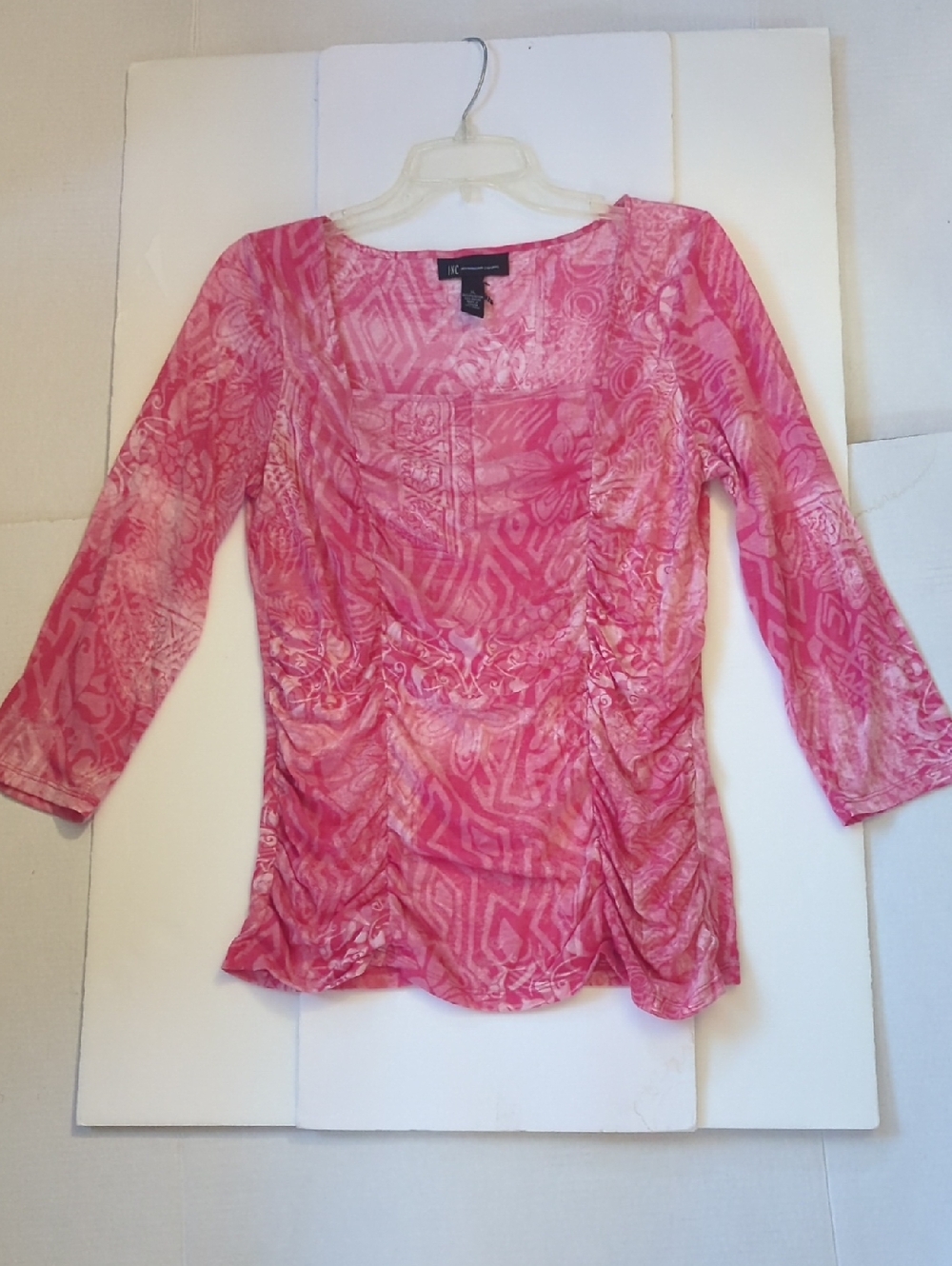 I.N.C Kensie Pink Patterned Ruched Scoop Neck Blouse